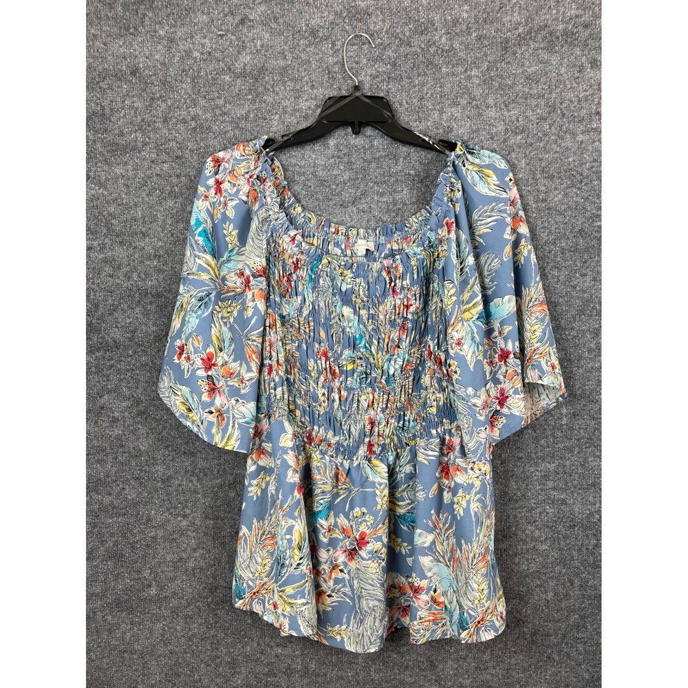 Chenault Floral Smocked Blouse‎ Women 3X Blue Excellent Tropical Bell Sleeve Top